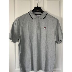Fila Sport Mens Heather Grey Pique Polo Shirt Short Sleeve Navy Tipped Collar L